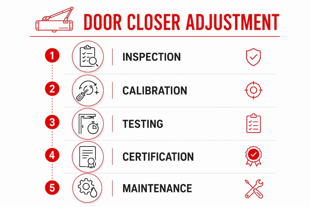 Infographic depicting key door closer adjustment steps