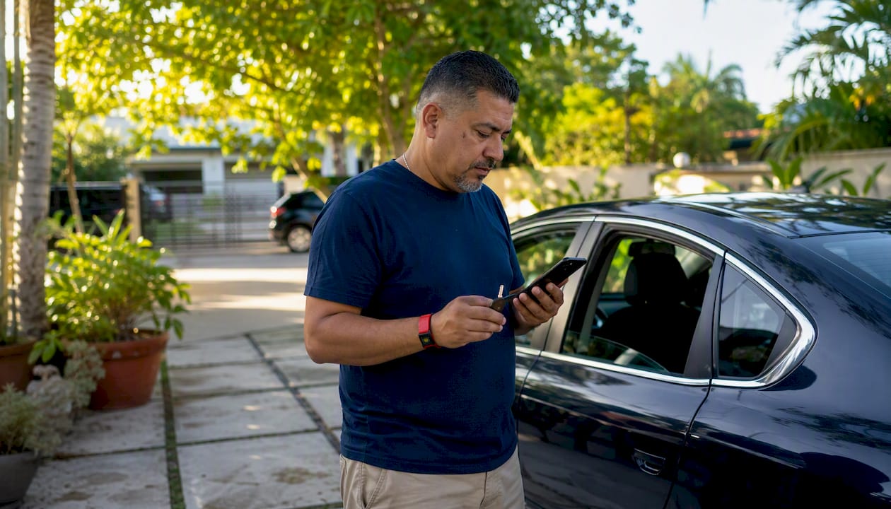 Man comparing spare car key costs next to car