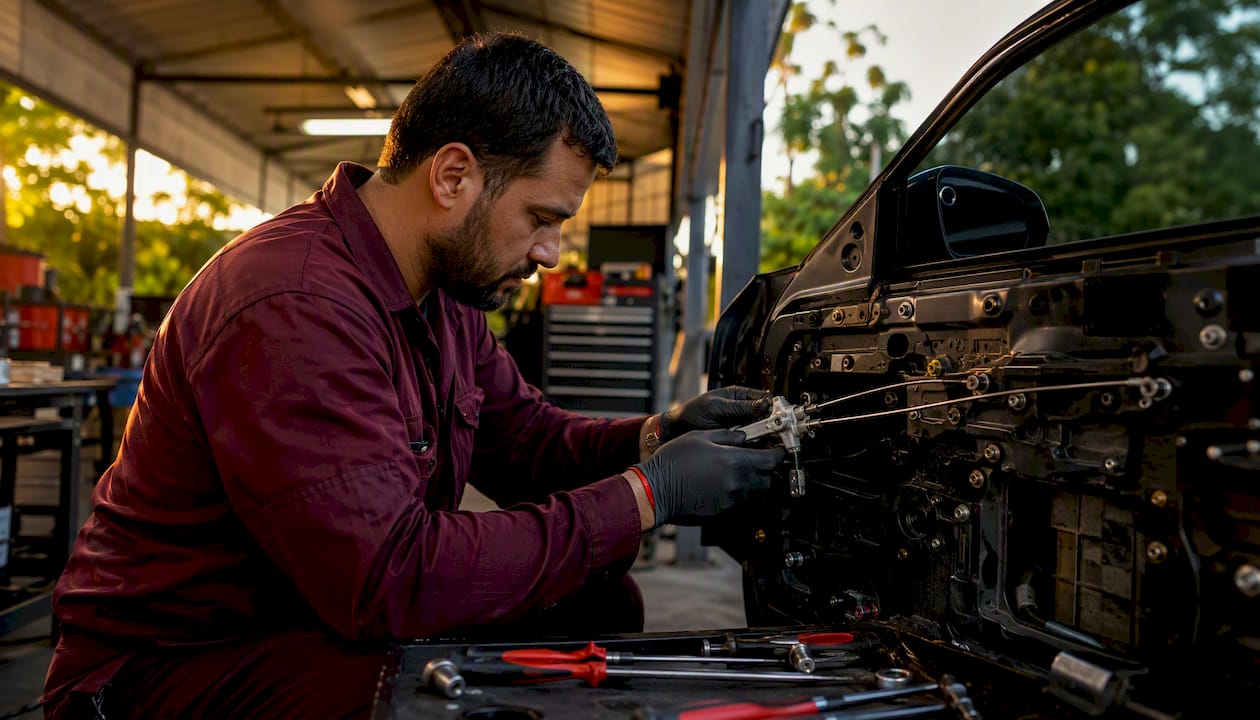 Mechanic repairing car door lock in workshop