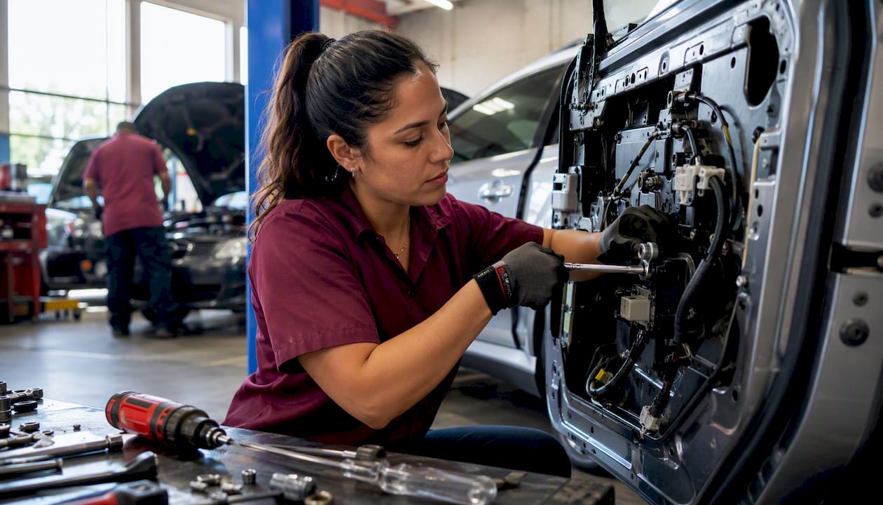 Technician replacing car door lock actuator