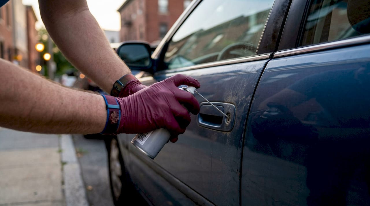 Hands lubricating car door lock cylinder
