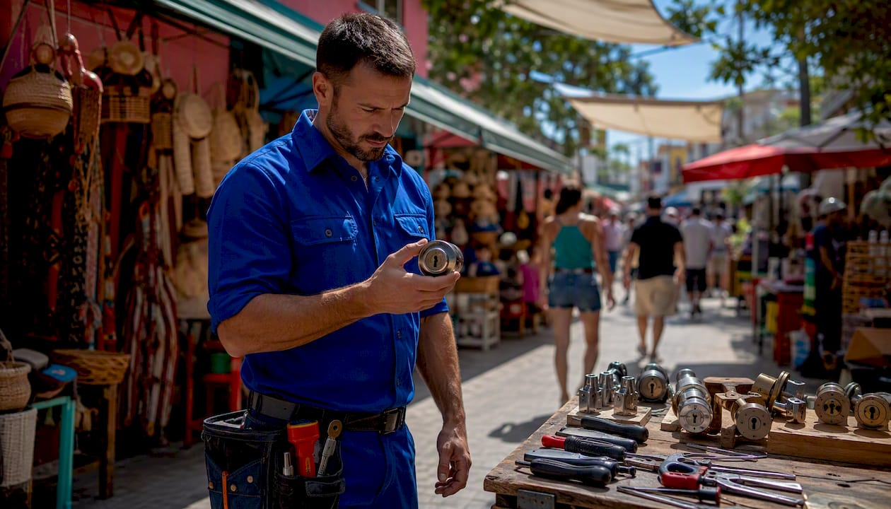 Locksmith examining a deadbolt lock in workshop