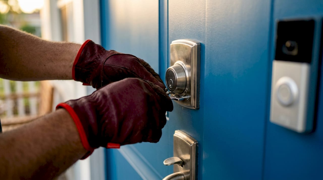 Close-up hands installing deadbolt lock on door