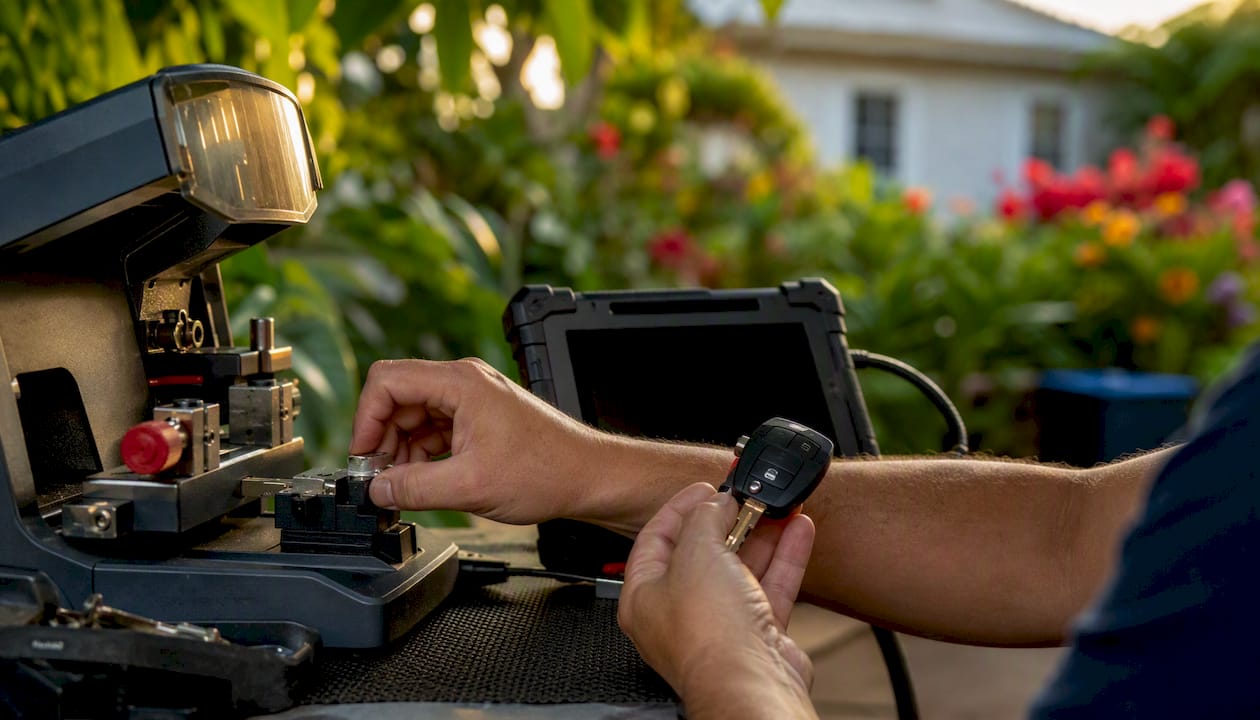 Mobile locksmith cutting and programming car key