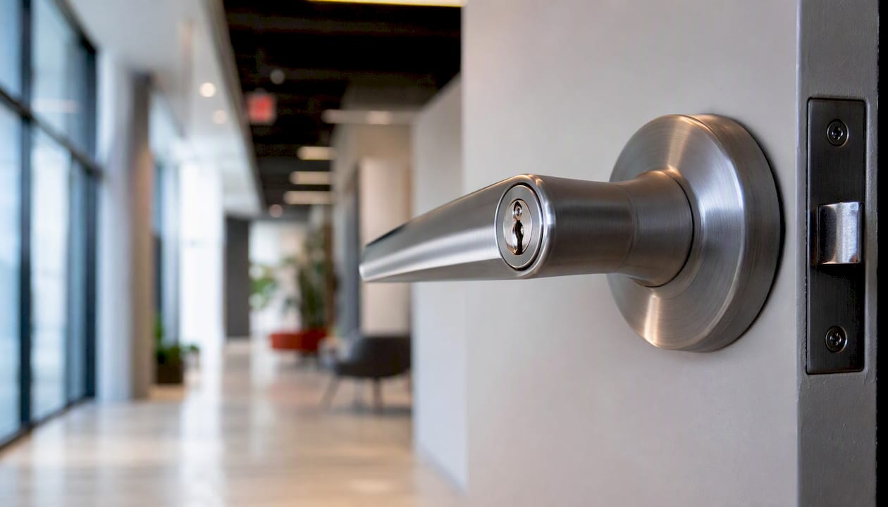 Close-up of cylindrical lever commercial lock