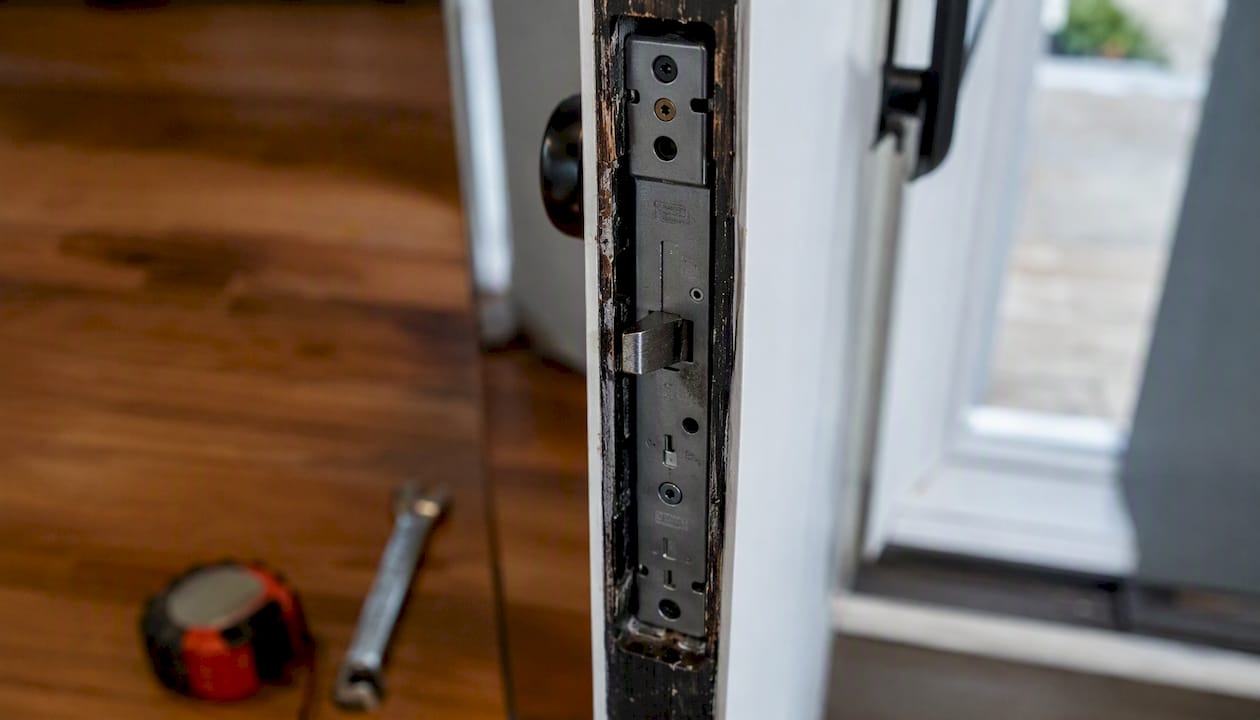Mortise lock body inside door edge pocket