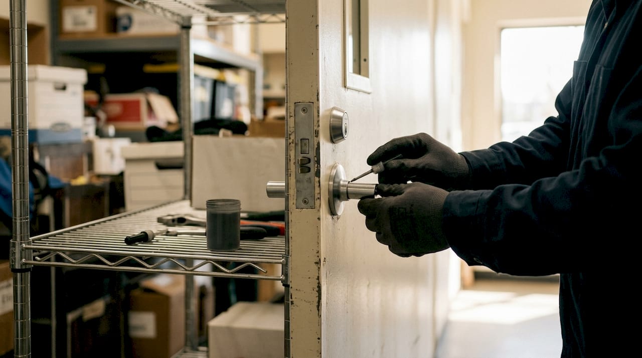 Locksmith lubricating commercial door lock