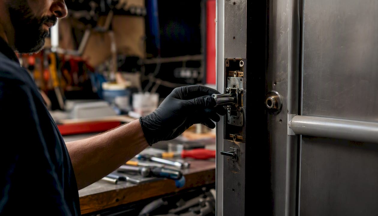 Hand removing latch cartridge from door edge