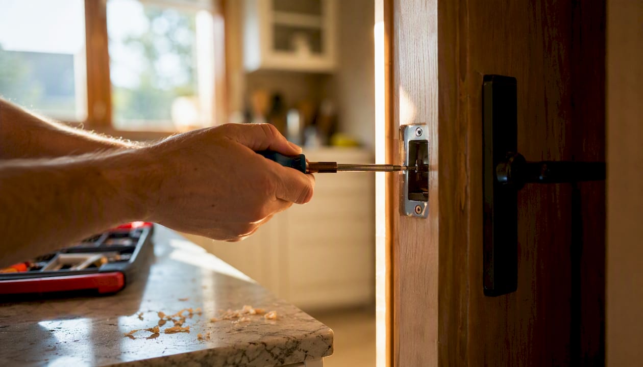Hand adjusting strike plate tab with screwdriver
