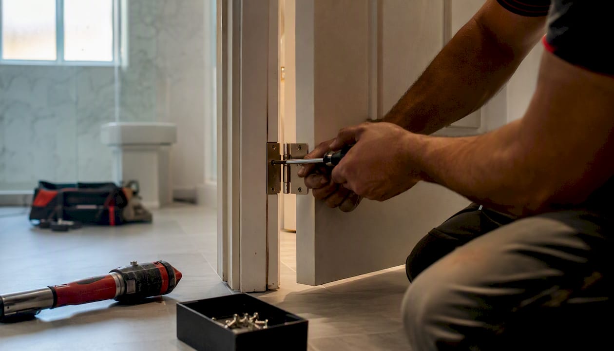 Hands tightening door hinge screws with screwdriver