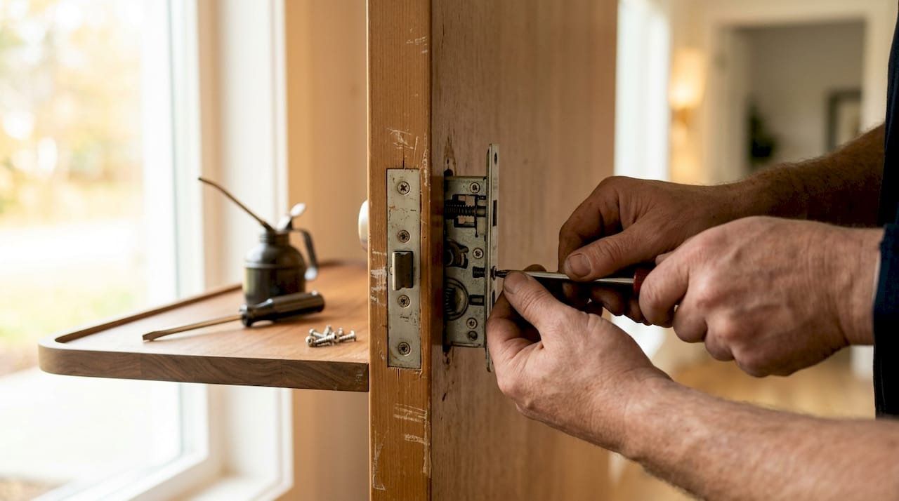 Close-up hands adjusting door latch screws
