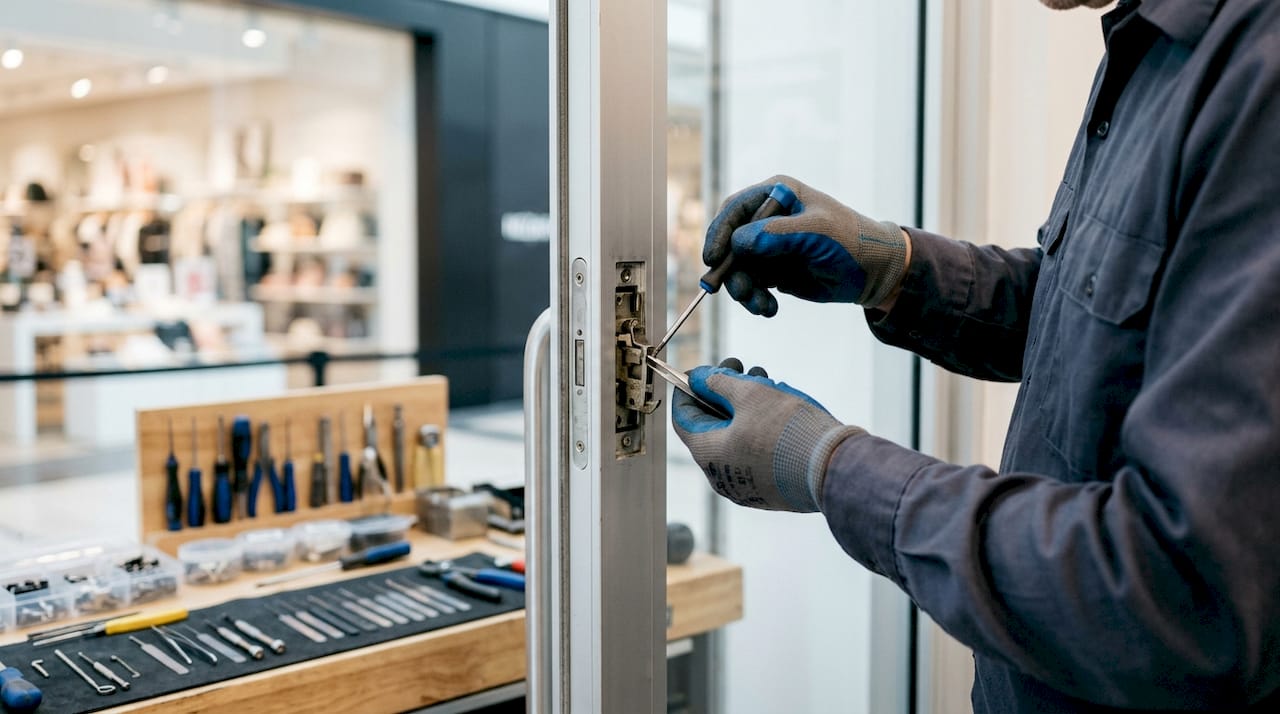 Hands removing glass door latch parts