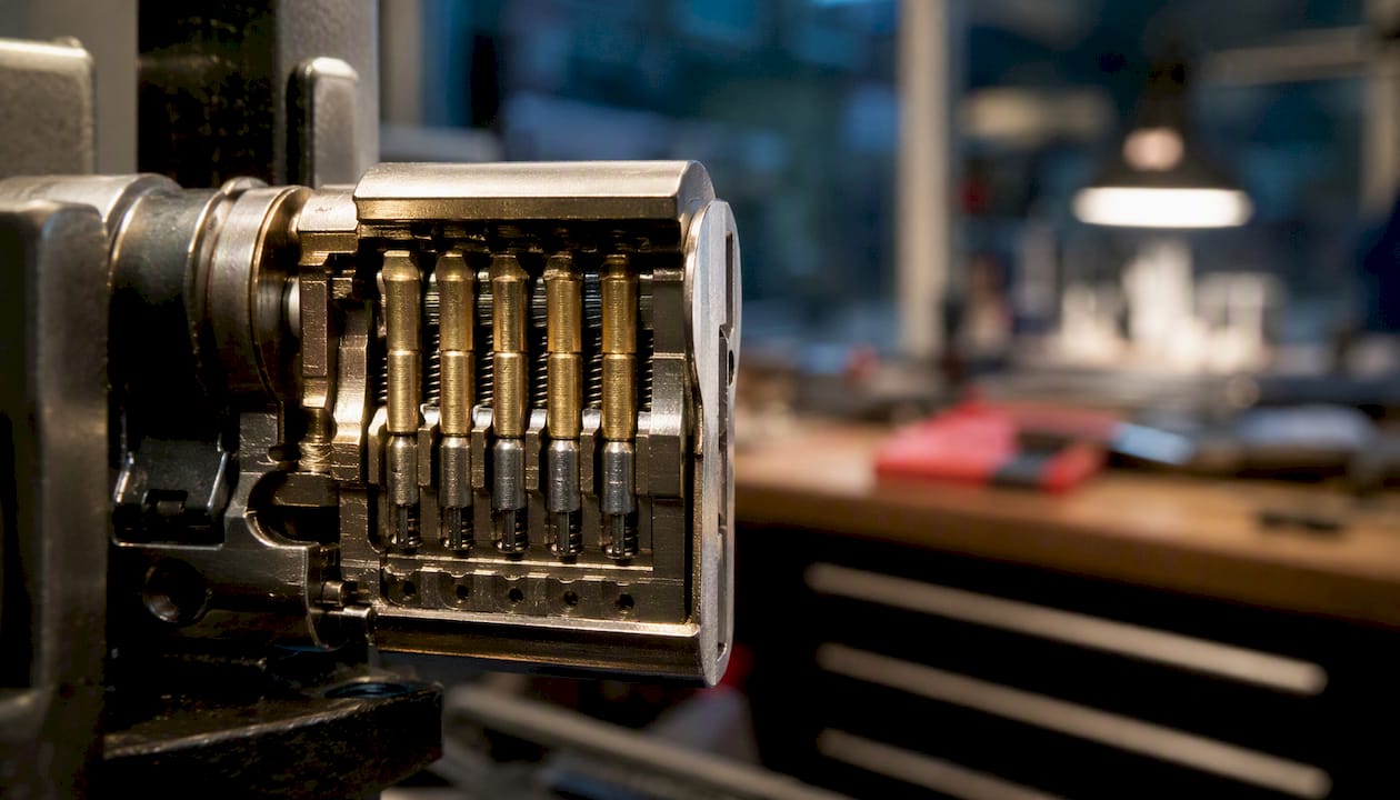 Close-up of high-security lock cylinder pins
