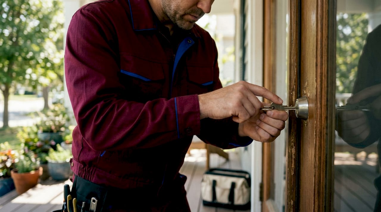 Locksmith testing door lock with bump key