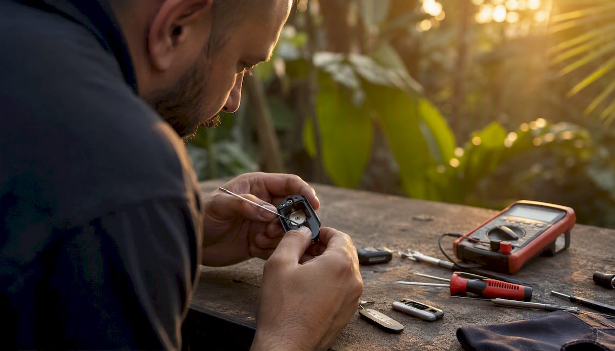 Locksmith hands replacing key fob battery