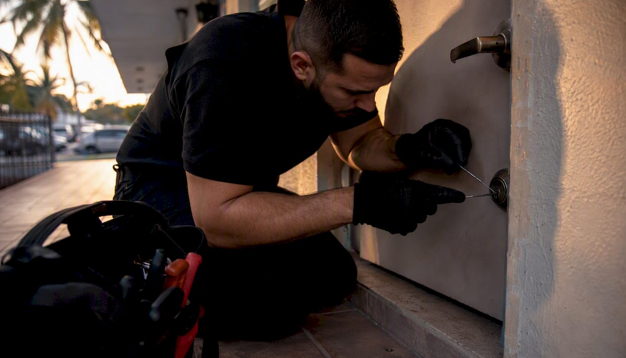 Locksmith picking apartment door lock