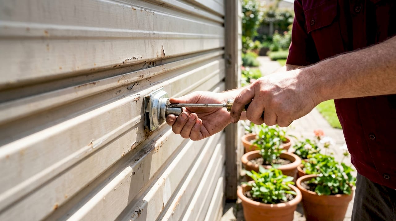 Hands removing lock from garage door