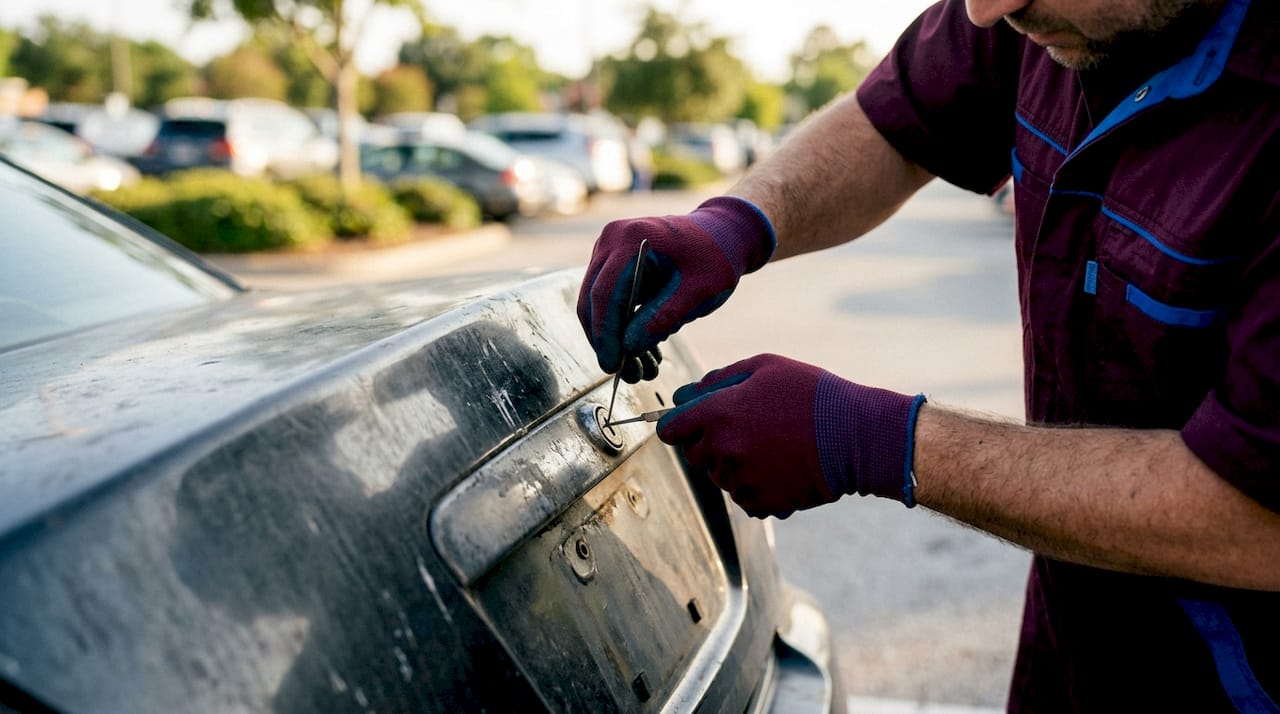 Locksmith hands inspecting trunk lock