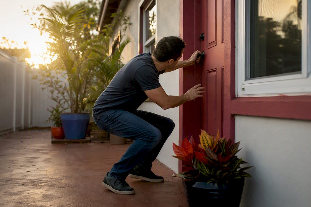 Homeowner checking door and window for unlocked entry