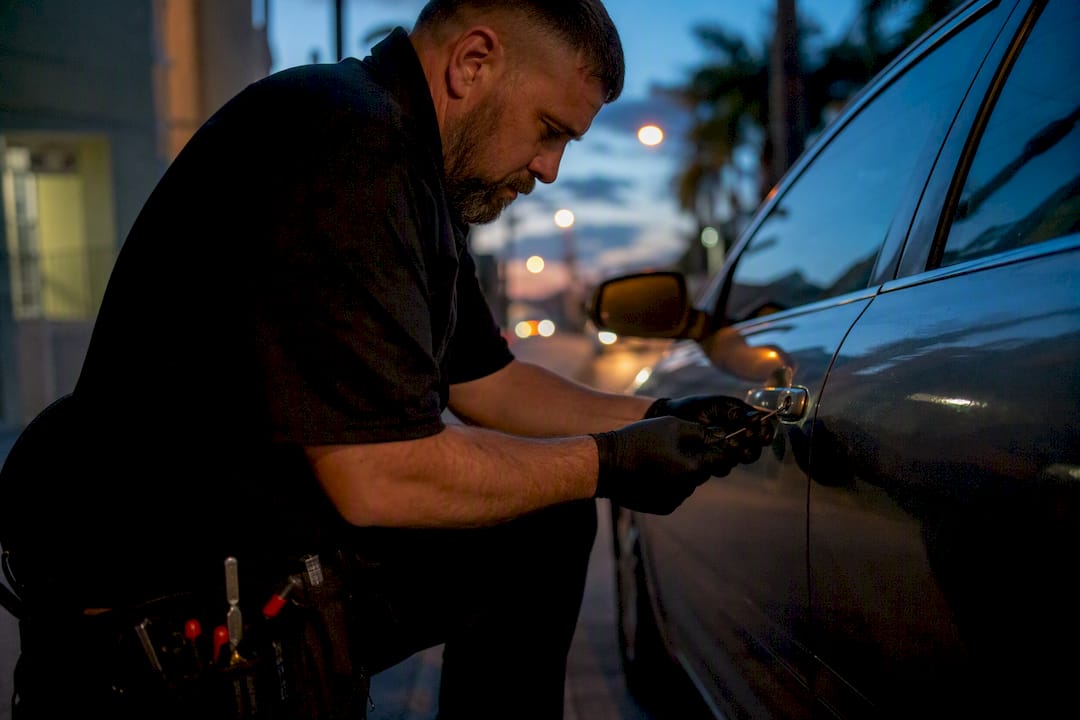 Locksmith hands picking car door lock