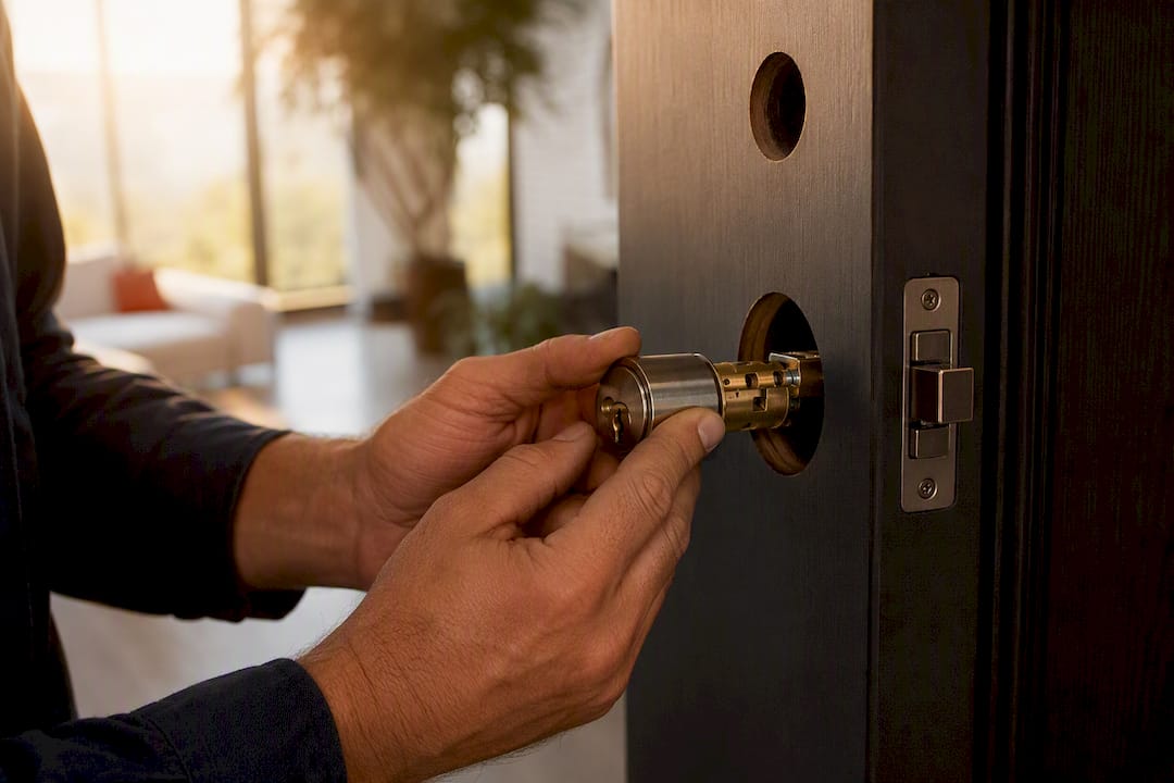 Locksmith installing cylindrical lock in door face bore