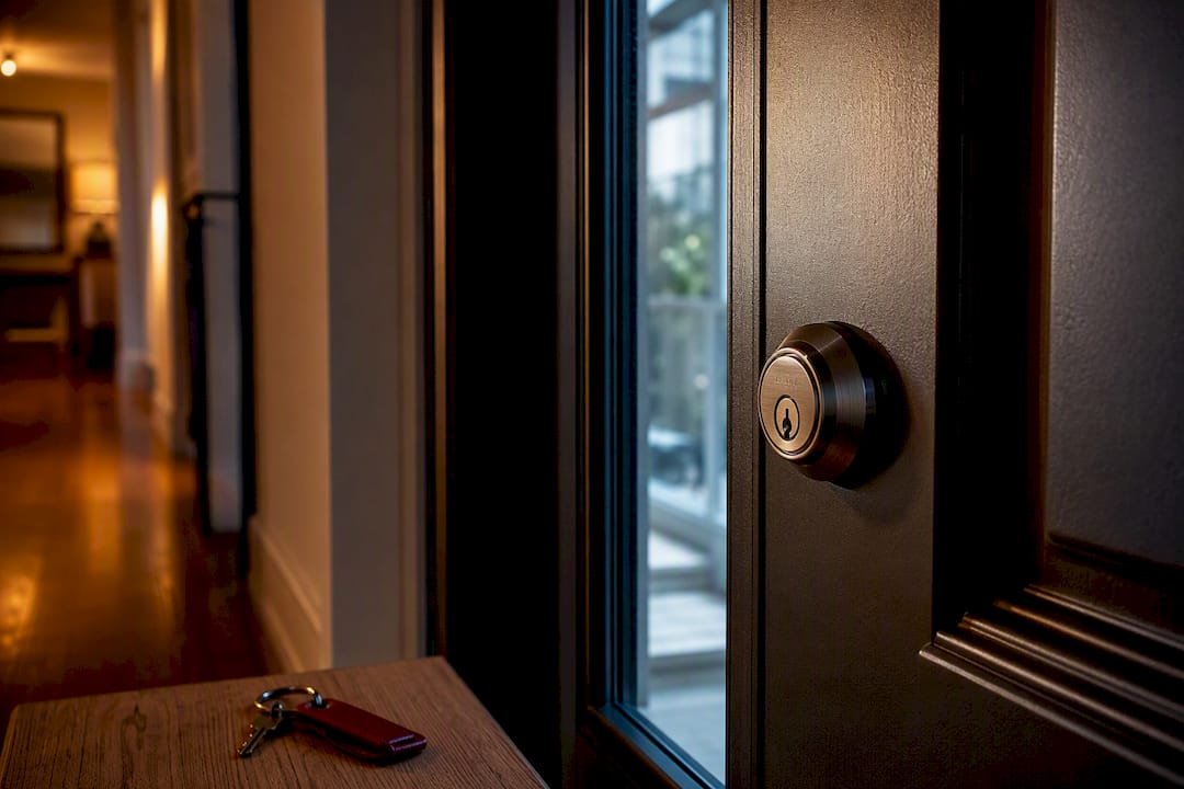 Deadbolt beside nearby glass door panel
