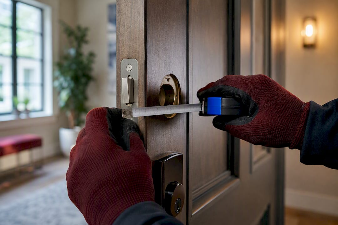 Hands measuring a door lock backset