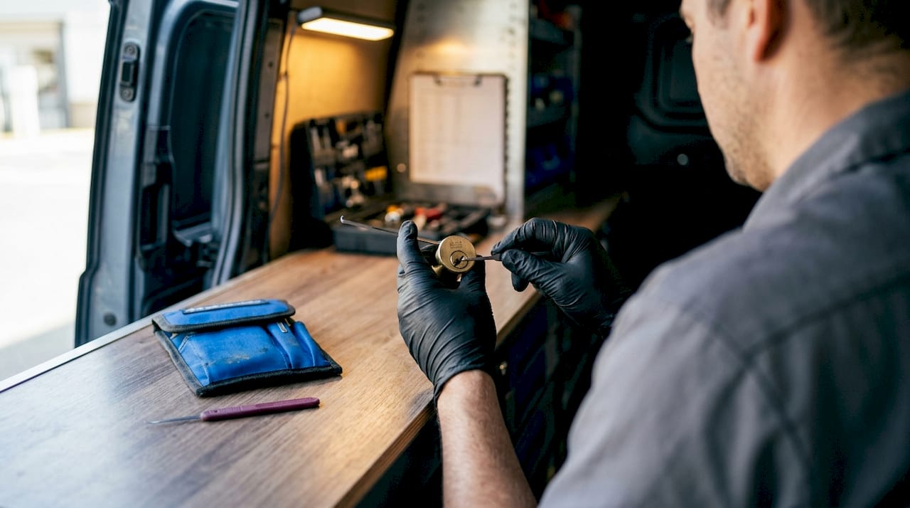 Locksmith manipulating a lock cylinder carefully