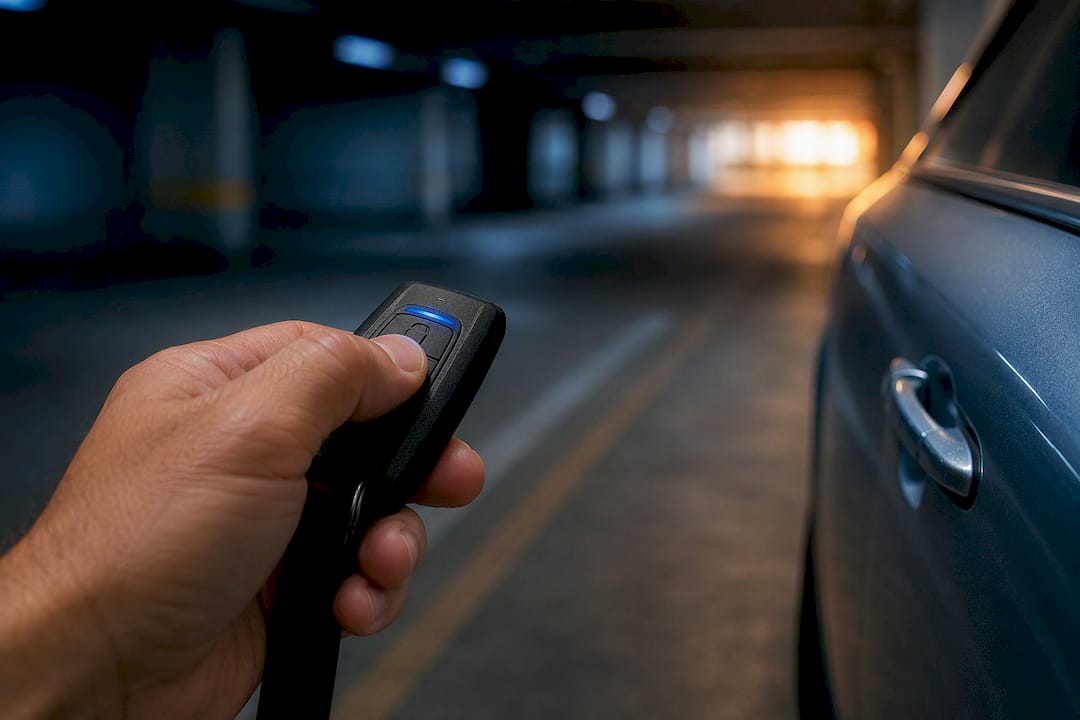 Hand testing anonymous key fob near vehicle