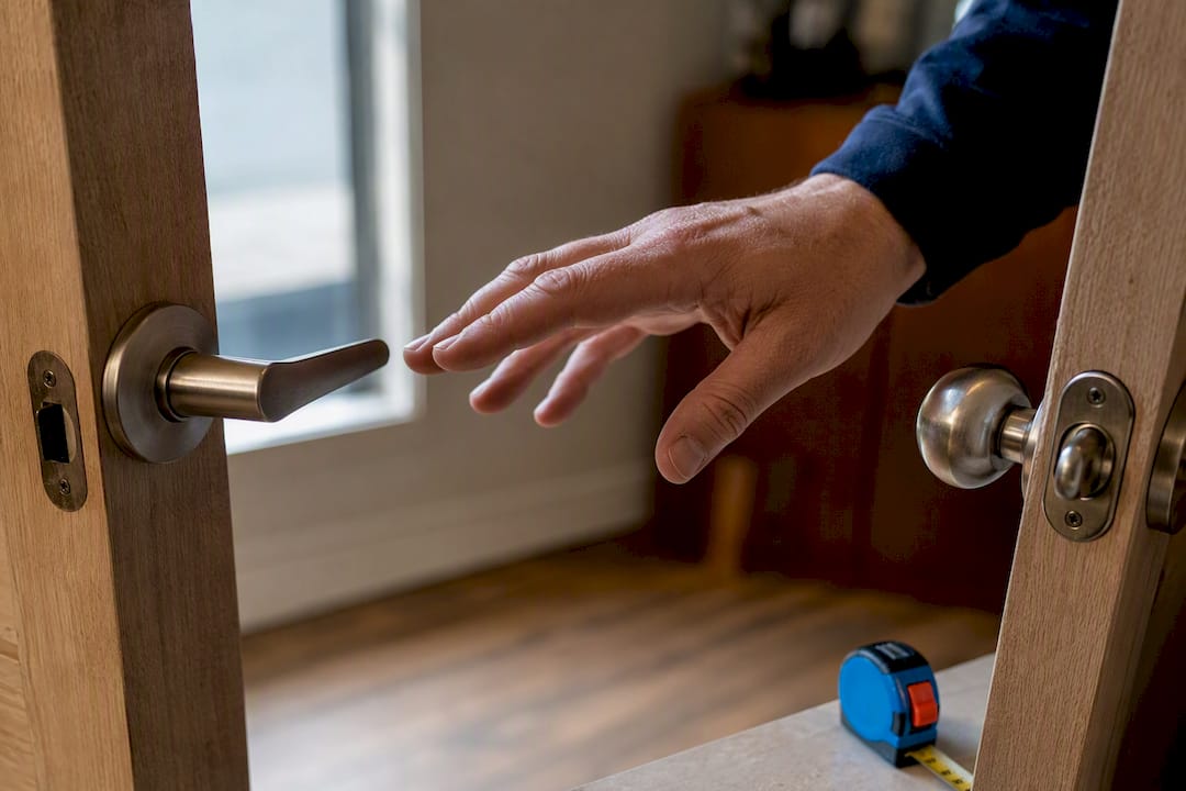 Hand comparing cropped lever and knob hardware