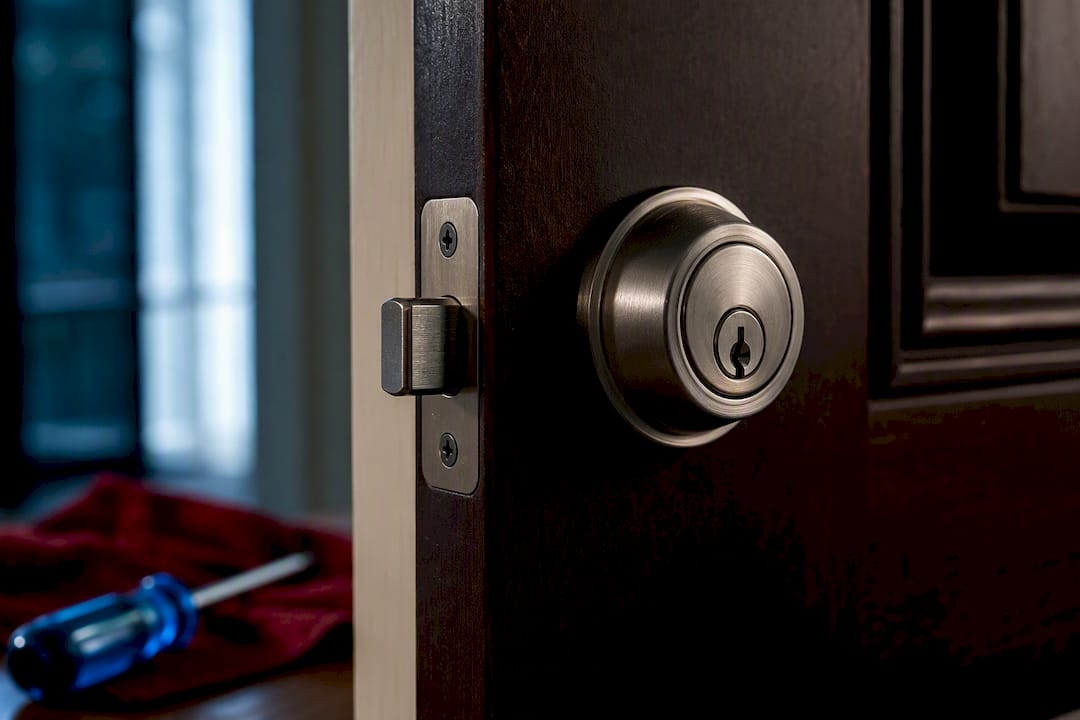 Close-up of deadbolt hardware on front door