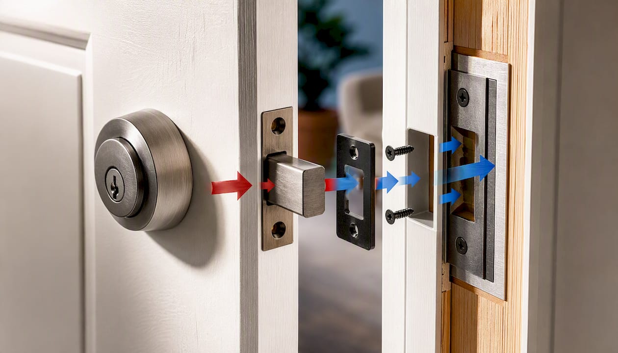 Deadbolt connected to reinforced door frame