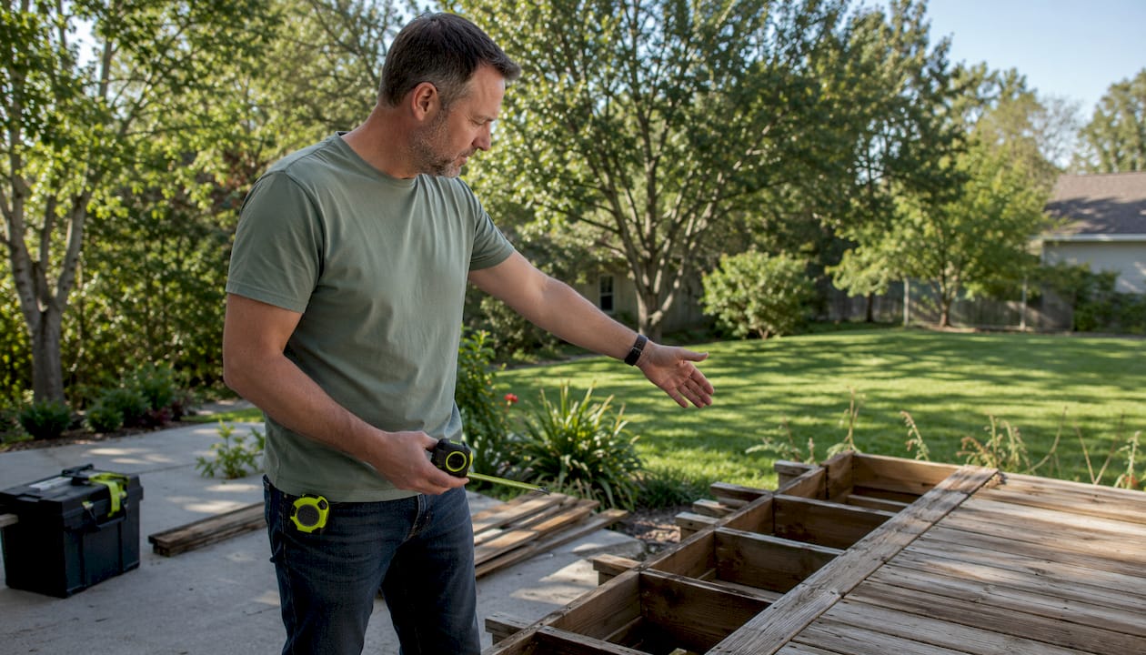 Homeowner measuring deck for removal cost