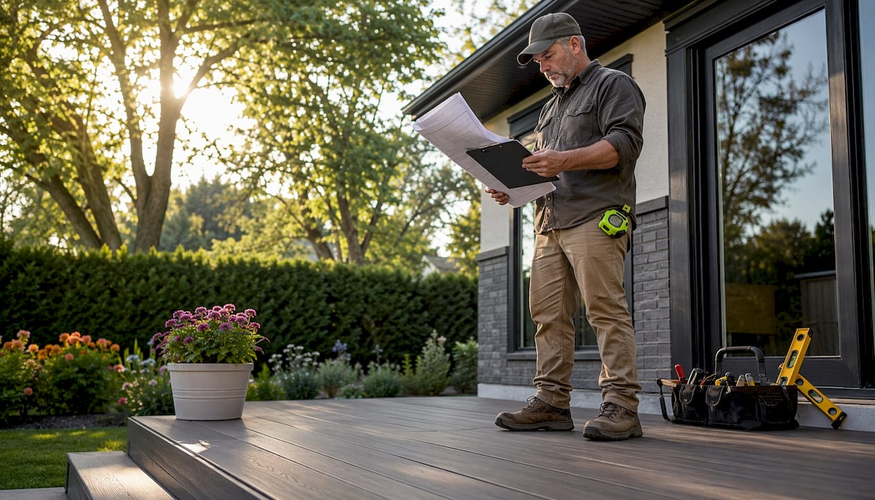 Contractor reviewing composite decking plans outdoors