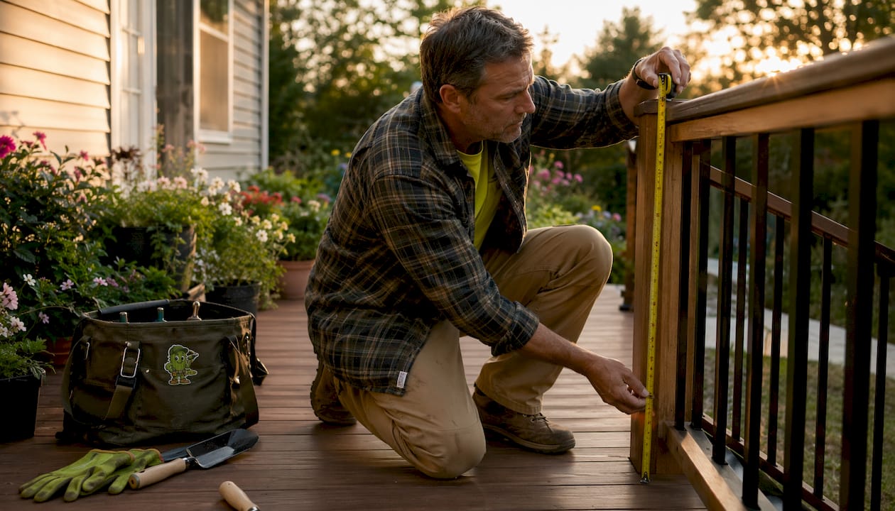 Homeowner measuring deck railing height outdoors