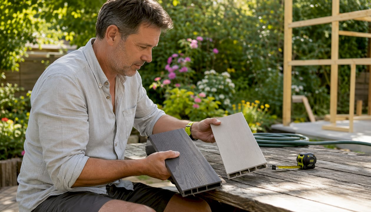 Homeowner comparing composite and PVC deck boards outdoors