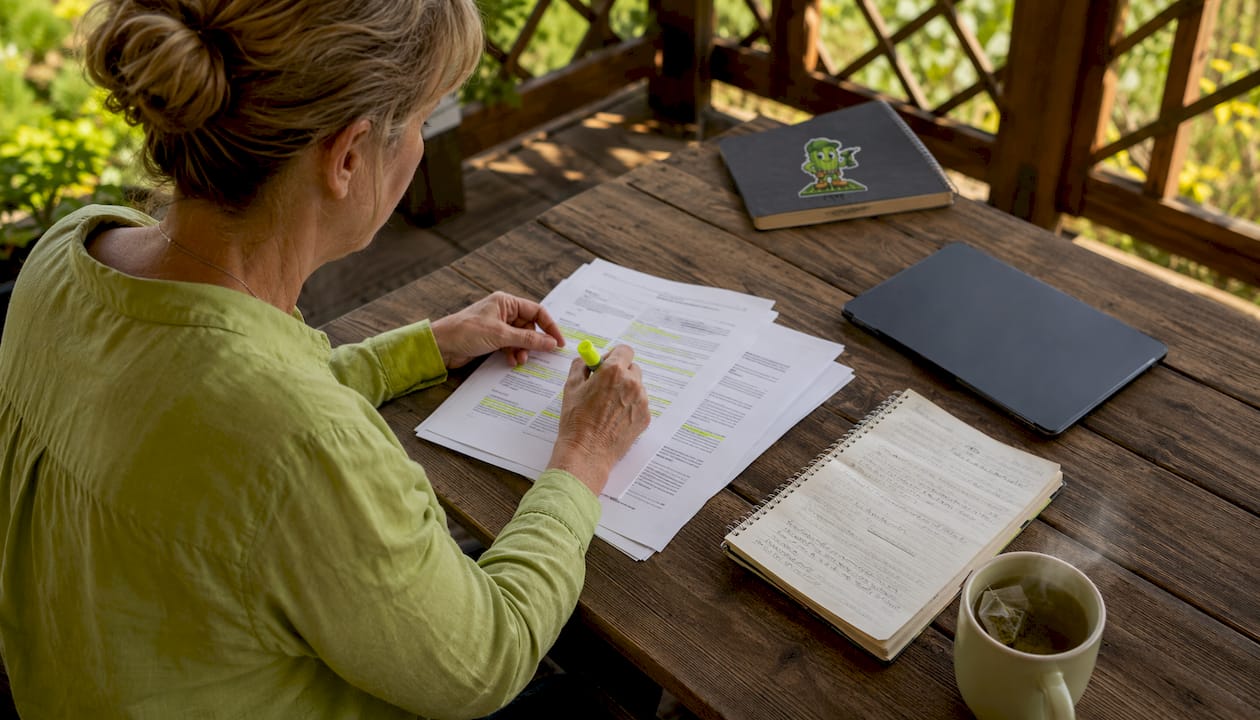 Homeowner reading deck permit rules document