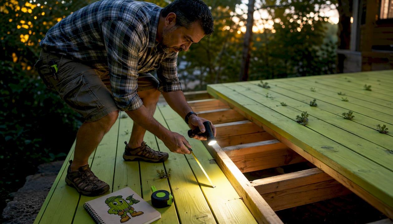 Man inspecting deck joists with flashlight