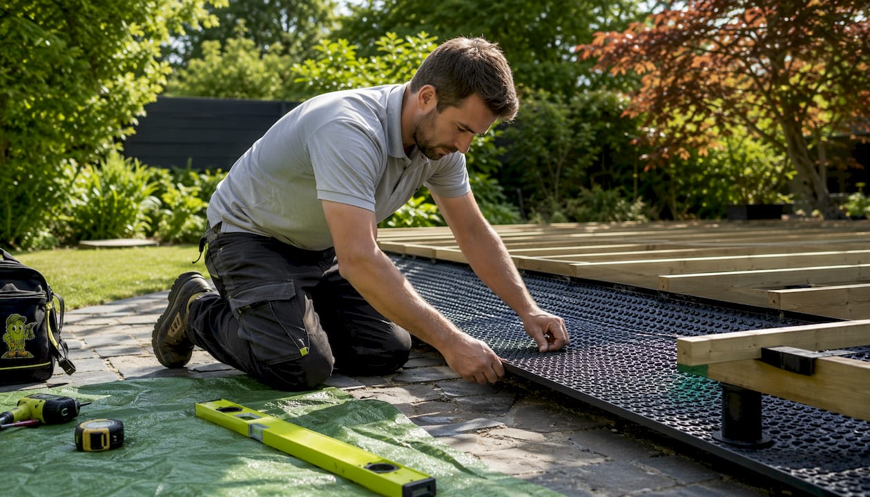 Contractor installing under deck drainage membrane