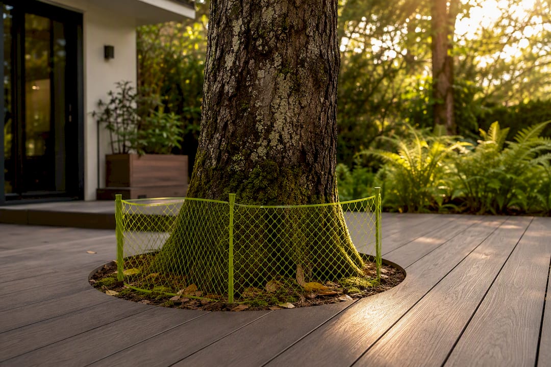 Deck built carefully around a mature tree trunk