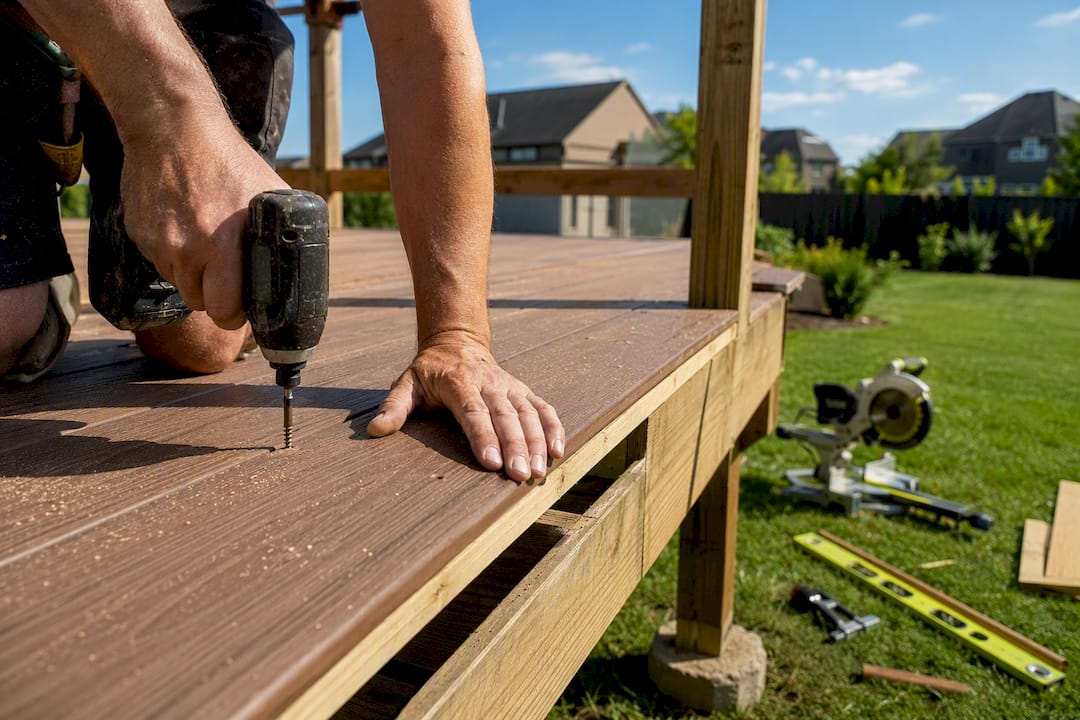Hands installing infrared heater under deck pergola