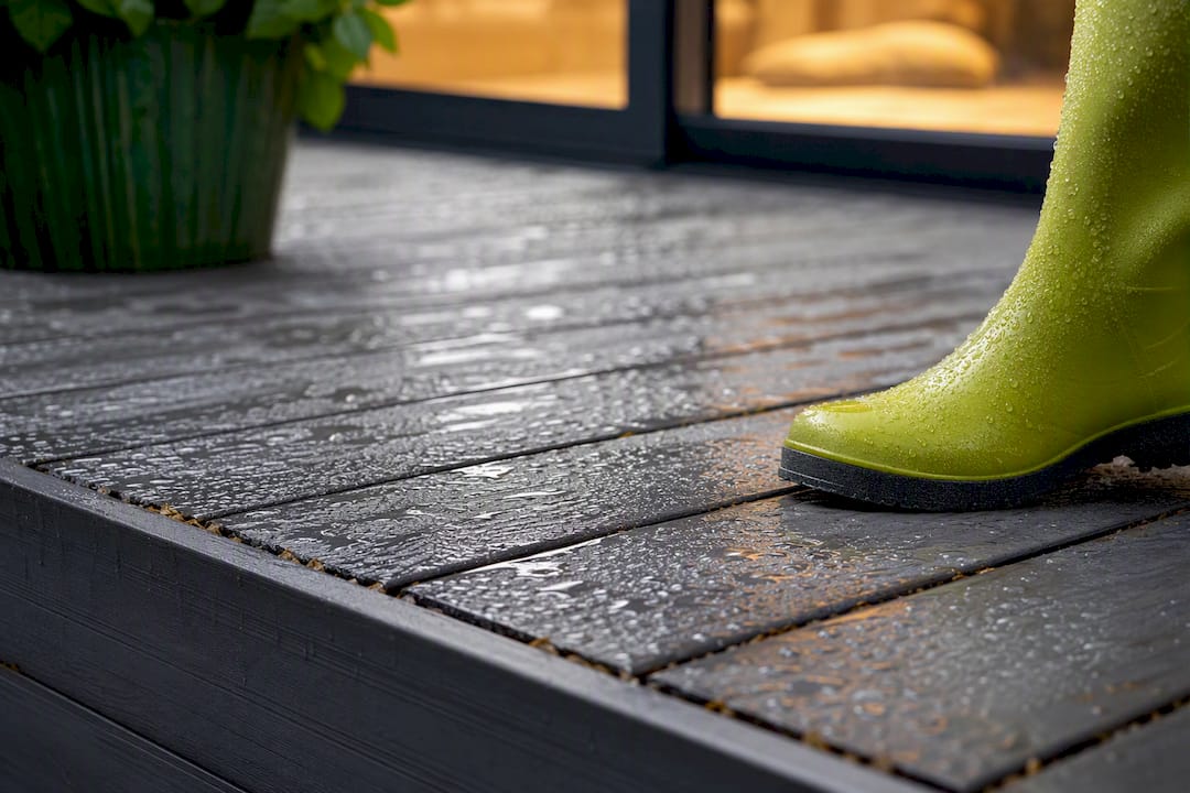 Shoe testing traction on wet decking