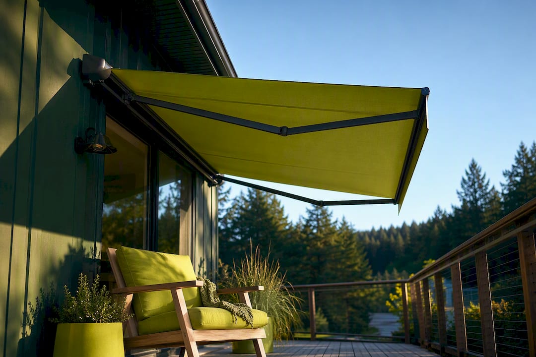 Retractable awning shading a backyard deck