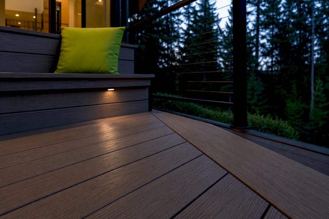 Modern composite deck corner with built-in features