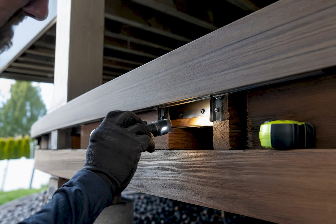 Close-up inspection of deck framing and fasteners