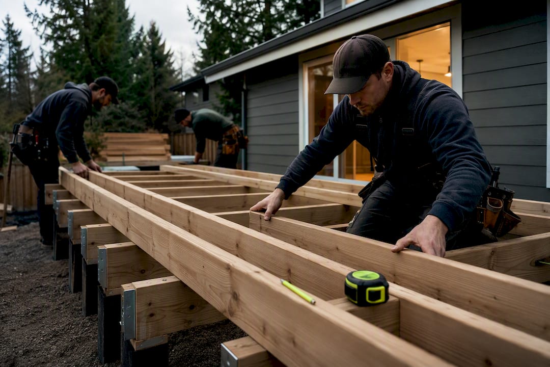 Crew building a partially framed residential deck