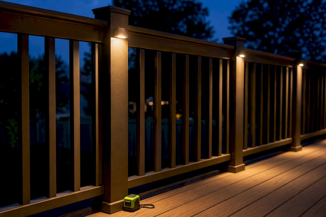 Deck railing lights spaced across evening