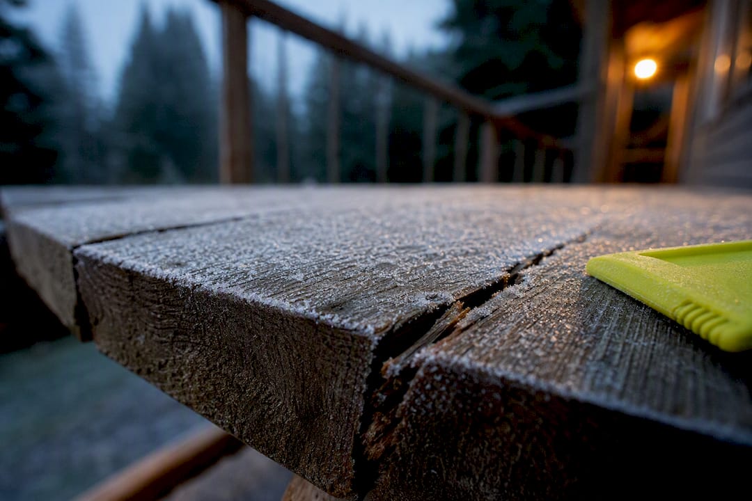 Freeze crack spreading across wood deck board