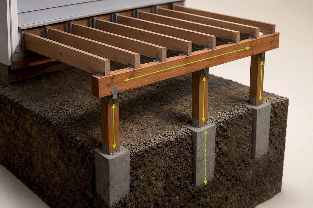 Isometric deck framing and footing structure
