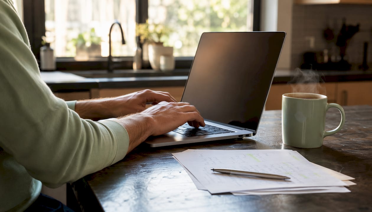 Hands typing on MacBook with budgeting report nearby